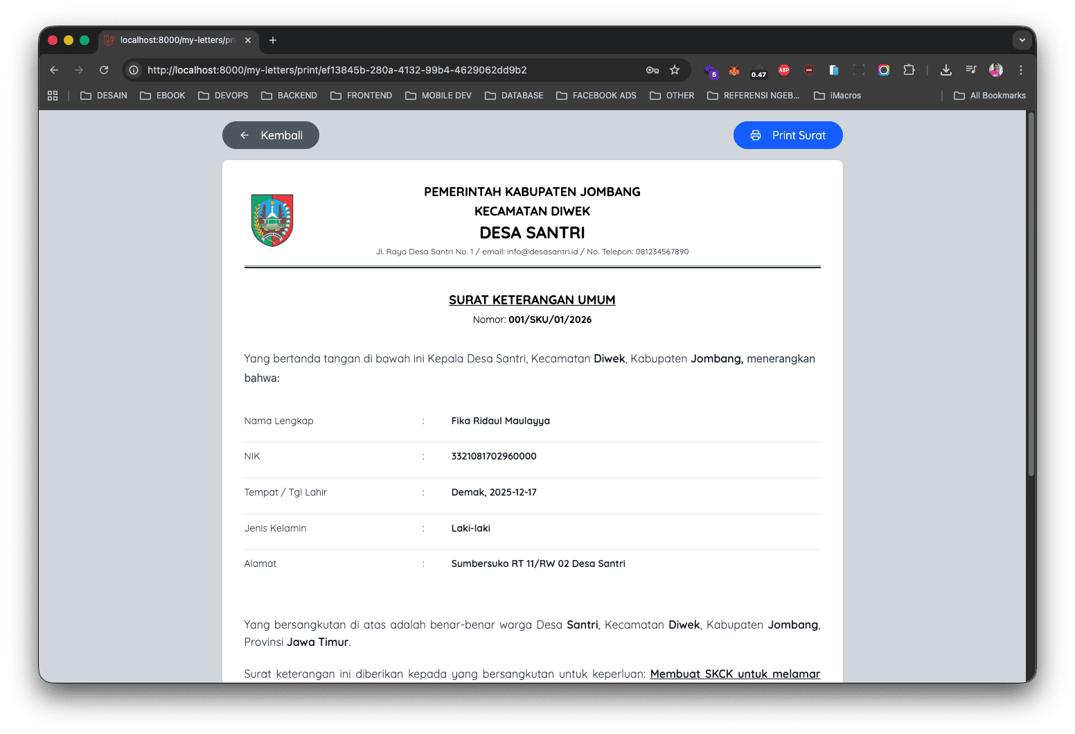 Screenshot Detail Surat dan Cetak PDF